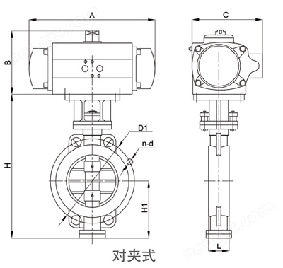 三偏心硬密封對(duì)夾式氣動(dòng)蝶閥尺寸圖